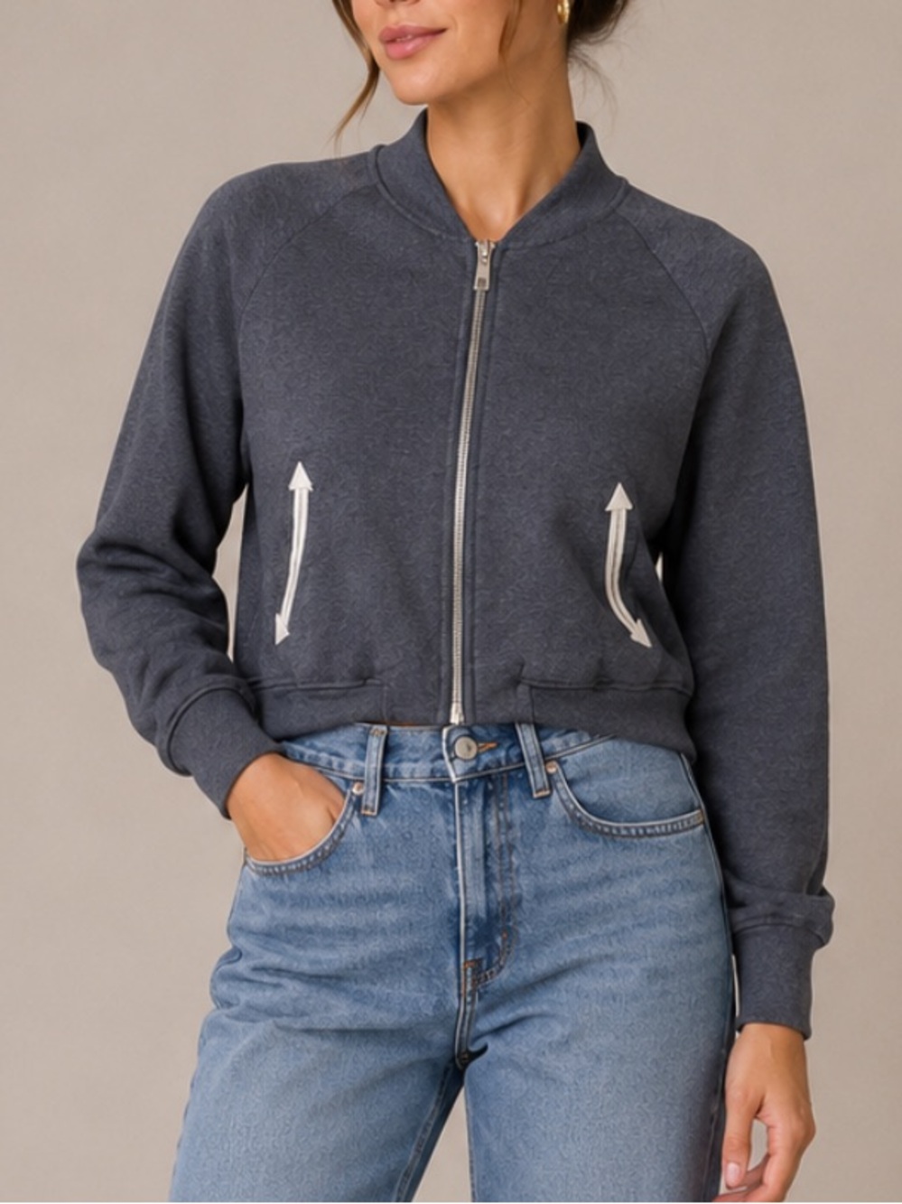 MONROW Cropped Bomber Sweatshirt Blue-Gray Lightweight Jersey Size‎ XSmall (EUC)